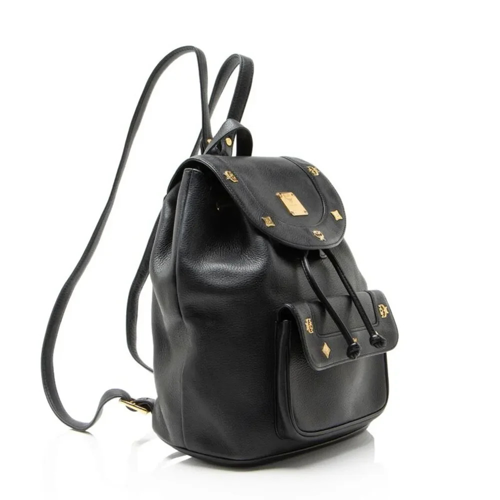 MCM Vintage Leather Logo Charms Drawstring Backpack